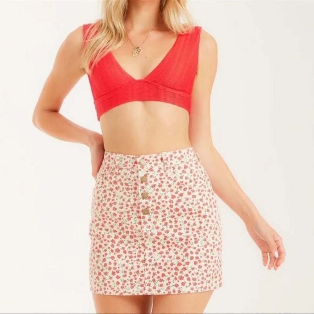 Billabong Red Floral Mini Denim Skirt